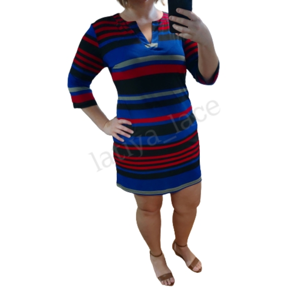 Emma & Michele Multicolor Striped Shift Dress Blue Red Black 3/4 Sleeves Stretch - Picture 1 of 14